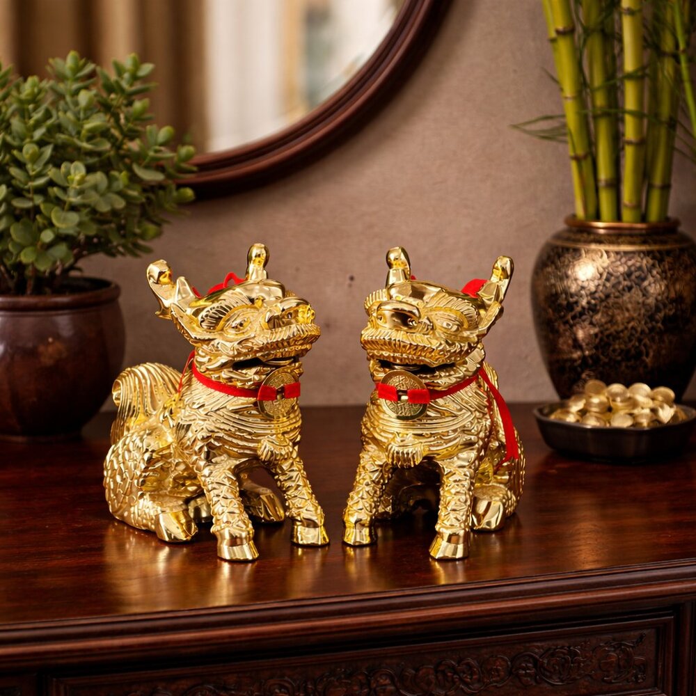 Gold Pixiu Statues Pair of Chinese Dragon Lion Guardian Figures Feng Shui Decor